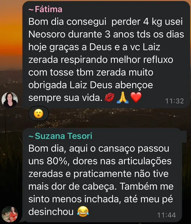 Depoimentos de Fátima (perdeu 4 kg, refluxo e tosse zerados) e Suzana (cansaço, dores e inchaço diminuíram).