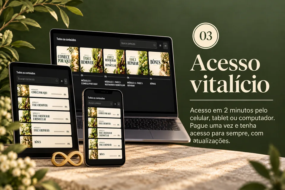03 Acesso vitalício: acesso em 2 minutos pelo celular, tablet ou computador. Pague uma vez e tenha acesso para sempre, com atualizações.