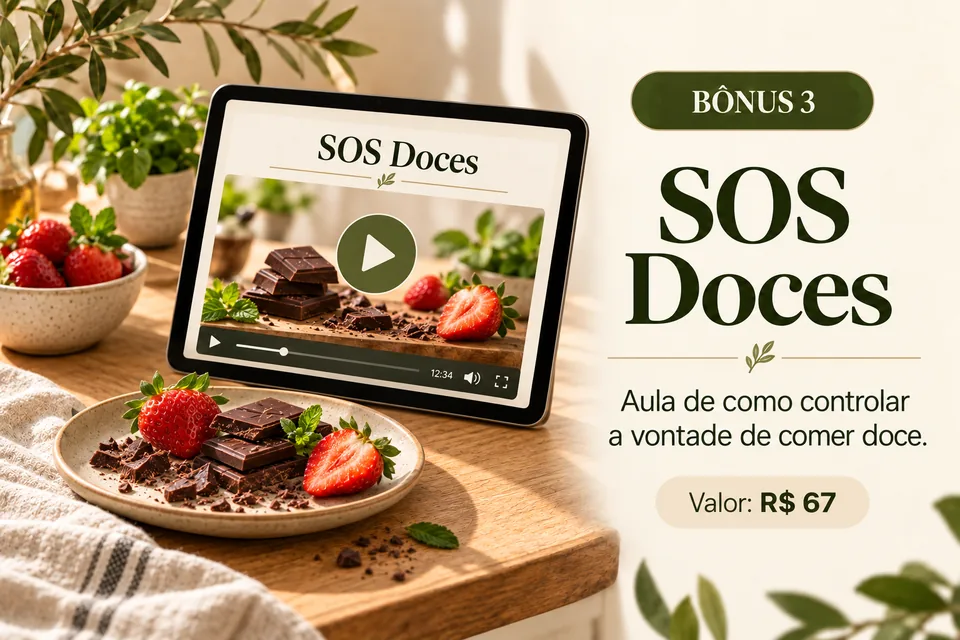 Bônus 3, SOS Doces: aula de como controlar a vontade de comer doce. Valor: R$ 67.
