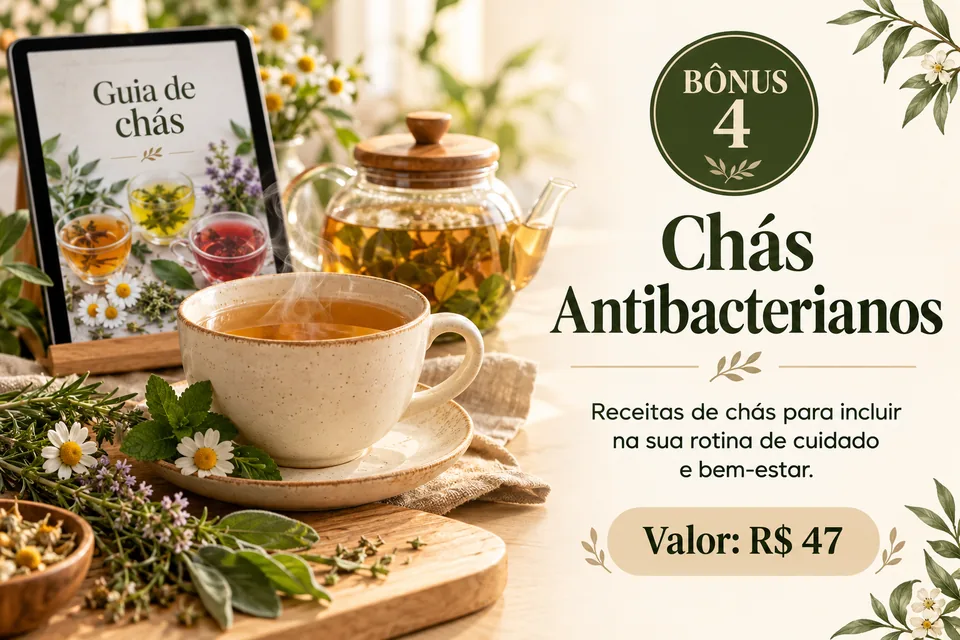 Bônus 4, Chás Antibacterianos: receitas de chás para incluir na sua rotina de cuidado e bem-estar. Valor: R$ 47.